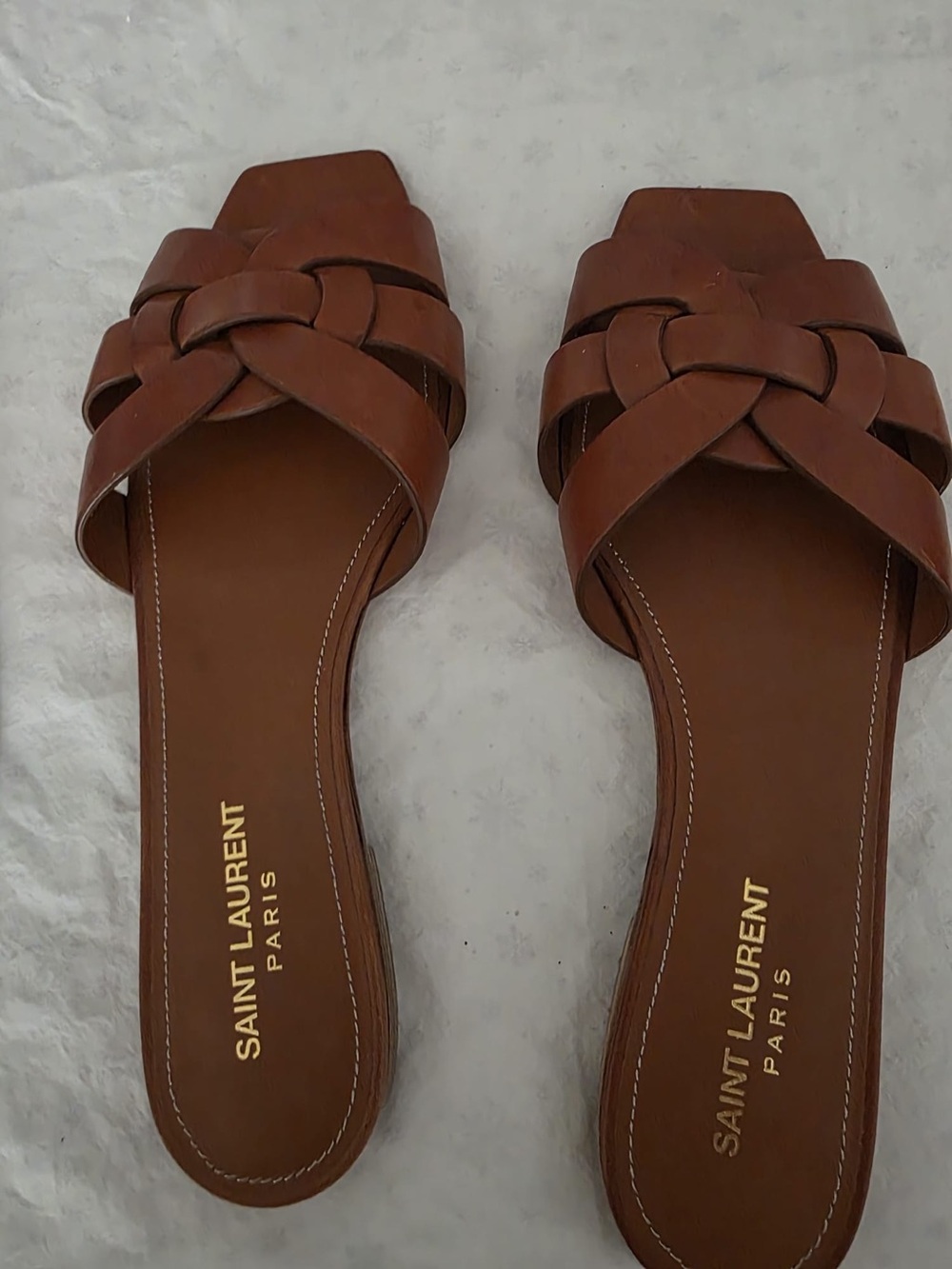 Saint Laurent Tan Braided Leather Slide Mules